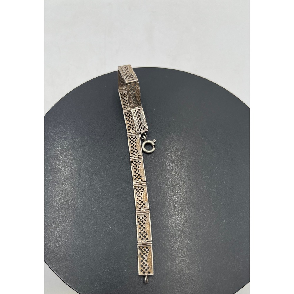 Vintage 925 Sterling Art Deco Panel Link Filigree Bracelet - Picture 11 of 15